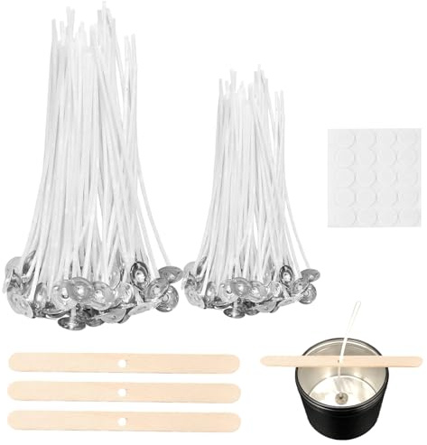 TAGMEIU 100 Pcs Candle Wicks for Candle Making, Cotton Wick Set | Includes 50 x 10cm and 50 x 15cm pre-waxed wicks, stickers and wooden holders for DIY candles and crafts