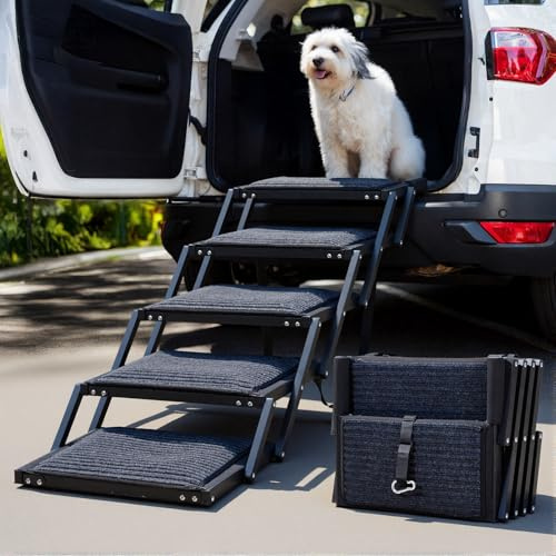 The Fellie Hunderampe, 5-stufige Hunderampe Auto Klappbar, Extra Stabile Hundetreppe mit Anti-Rutsch-Treppe, Liechte Hundetreppe für Kleine&Große Hunde, Hunde Unterstützung bis zu 250 lbs