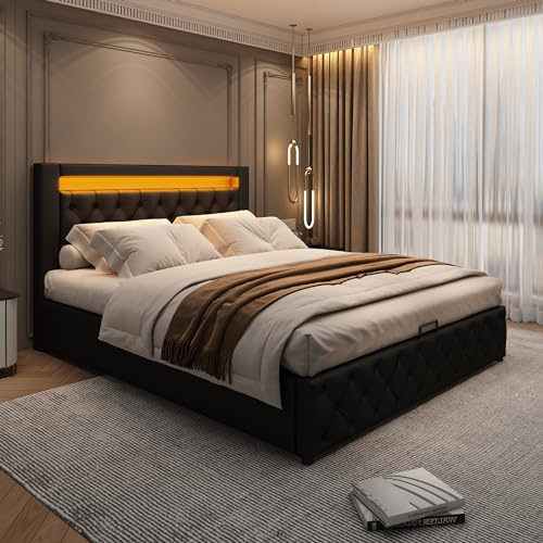 Ball & Cast 4ft6 Upholstered Double Bed Frame with Storage and 7colors LED Light Strips, Hydraulic Ottoman Bed Double 135x190 cm with Button Tufted Headboard, Velvet, Black, No Mattress