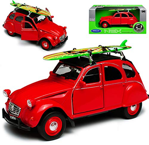 Generisch Citroen 2cv 6 Rot mit Surfbrett Ente 1949-1990 ca 1/43 1/36-1/46 Welly Modell Auto