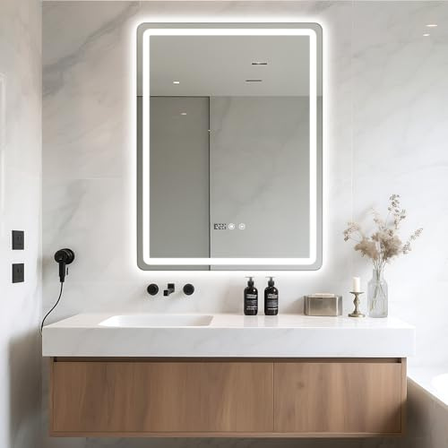 emlovosy 60 × 80 cm Badspiegel mit Beleuchtung, LED Badezimmerspiegel mit Beleuchtung, Badezimmer Spiegel mit Touch-Schalter, LED Beleuchtet Beschlagfrei Bad Wandspiegel mit Licht (Vertikal)