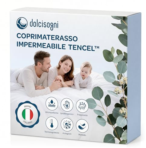 DOLCI SOGNI Coprimaterasso Impermeabile in Fibra Naturale Tencel – Coprimaterasso Antiacaro e Ipoallergenico – Traspirante e Termoregolatore – Copri Materasso Matrimoniale 160x200 cm