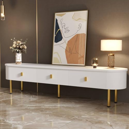RAPRAP Meuble TV bas de 175 cm, blanc brillant, armoire TV avec 3 tiroirs, poignées et pieds dorés, coins arrondis, finition en laque pulvérisée de qualité