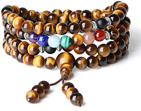 COAI Geschenkideen Unisex Mala Kette Wickelarmband aus 7 Chakren und Tigerauge Tibetische Halskette