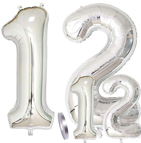 zooting Luftballons Zahl 12 Geburtstag XXL Silber - Riesen Folienballon Figuren in 2 Größen 40 & 16 | Set XXL 100cm + Mini 40cm Version Geburtstagsdeko | Vier Zahlen | Ideal zum 12. als Deko