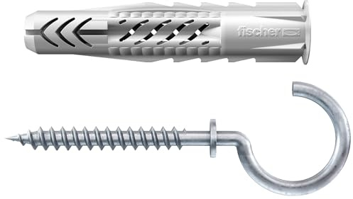 Fischer 25 Tasselli Universali UX 8x50 R R con Gancio Occhiolo Aperto per Muro Pieno, Mattone Forato, Cartongesso, per Installazione e Fissaggio Mobili, Armadietti, Lampade, Staffe TV, 71553