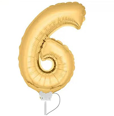 WOOOOZY Folienballon Zahl 6 am Stab, ca. 36cm, Gold