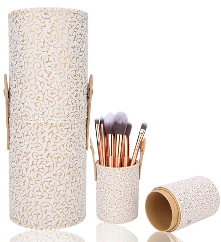 FILFEEL Elegant Apricot PU Leather Makeup Brush Cup Holder, Portable Travel Cosmetic Organizer (18x7cm/7.1x2.8in)