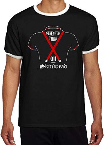 Skinhead Hosenträger Strength Through Oi Herren Kontrast Ringer T-Shirt, schwarz, XX-Large