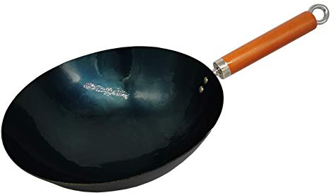 RNY Hand Hammered Wrought Iron Wok Pan Stir-Fry Pan with Wooden Handle Hanging Ring Traditional Pre-seasoned Round Bottom Wok, Asian Cuisine Wok (30cm/11.8)