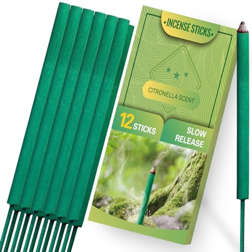 SCENTORINI Bâtons d'Encens à la Citronnelle Naturelle Idéals pour l'Extérieur comme Les Jardins, Les Balcons et Les Terrasses (12pcs, Durée de Combustion 85 Minutes par Bâtonnet)