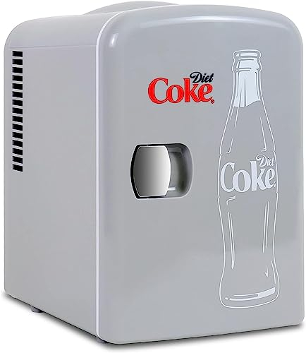 Diet Coke Mini Fridge - Refrigerator for Bedroom Skincare Office, Portable Table Top Beverage Cooler, 12V DC/220V ACRefrigerador For Drinks, Soda, Wine, Use In Car, Dorm, Outdoor, Patio, 6 Can