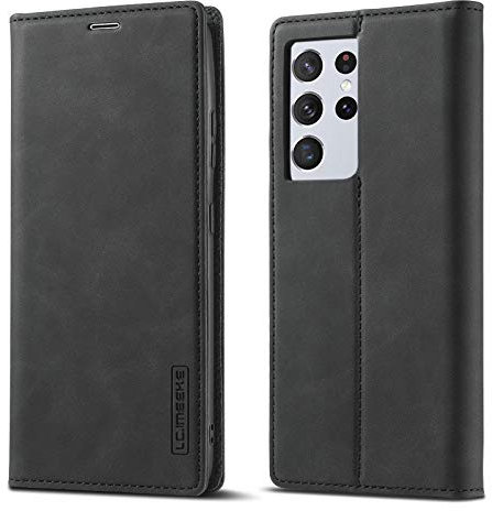 QLTYPRI Case for Samsung Galaxy S21 Ultra 5G, Vintage Matte Leather Wallet Case Card Slot Kickstand Magnetic Shockproof Flip Folio Book Case Cover for Samsung S21 Ultra 5G - Black