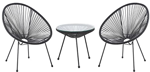 Lustiges Balkonset 2 Stühle mit 1 Tisch Spaghetti-Optik Rattan schwarz Acapulco