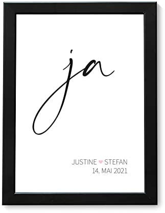 Personalisierter Kunstdruck zur Hochzeit | A4 | mit schwarzem Echtholz-Bilderrahmen | Bild mit individuellem Namen | Geschenk Hochzeitstag Jahrestag Valentinstag Geburtstags-Geschenk (ja)