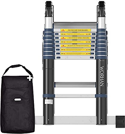 WORHAN 5.6m Scala Alu Doppia Telescopica con 2 Stabilizzatori Telescopici Estensibile Pieghevole Multiposizione Multifunzione Multiuso in Alluminio Nuova Generazione K5.6+bag