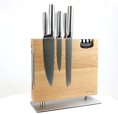 holz4home® Messerblock magnetisch aus Eichenholz I Messerbrett Messerhalter mit Fuß aus Edelstahl I inkl. Messerschärfer I Messerleiste Doppelseitiger Magnethalter ohne Messer