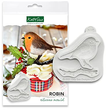 Katy Sue Robin Silicone Mould for Christmas Cake Decorating & Crafting. Makes a Robin 60 Tall x 60 Wide & a Branch 76 Long in Millimetres for Fondant, Sugar Paste, Air Dry Clay, Polymer Clay. UK-Made.