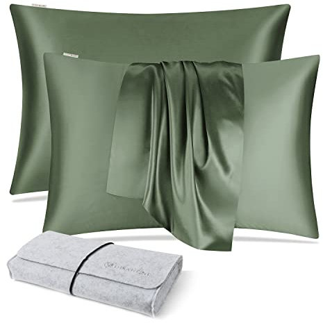 DISANGNI 100% Silk Pillow Cases 2 Packfor Hair and Skin,with Hidden Zipper 22 Momme Both Sides Pure Natural Mulberry Silk Real Silk Pillow Case (2pc 51x66cm Green)