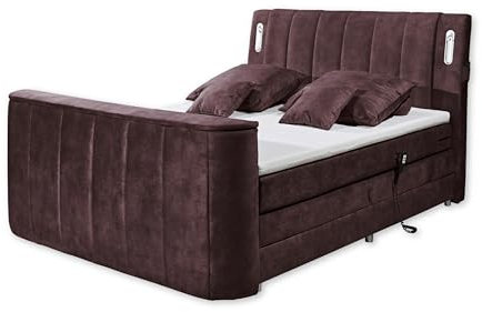 DALLAS 6 Boxspringbett 180x200 elektrisch verstellbar, Aubergine - Bequemes Doppelbett mit motorisierter TV-Halterung & LED-Beleuchtung - 186 x 126 x 244 cm (B/H/T)