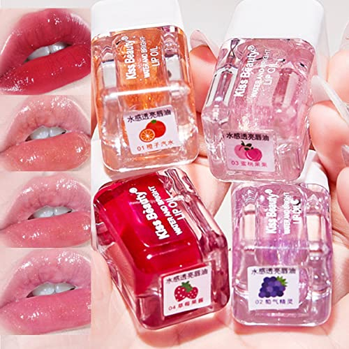 4 PCS Aufpolsternder Lippenöl Set, Hydratisierender Schimmer Lippenstift Perlglanz Lipgloss Getönter Lippenbalsam Lippenpflege Transparentes Lippenöl, Lip Plumper Lipstick Lip Glow Oil