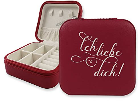 GRAZDesign Schmuckkästchen Reise Schmuckschatulle Ich liebe DIch, Geschenke für sie, Frauen, Schmuckaufbewahrung Reise Lederoptik in rot 10x10cm