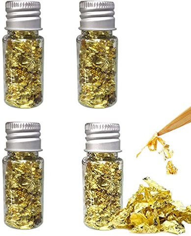 XIXKOLYU 4 Bottles Gold Foil Gold Flakes Gold Leaf Gold Leaf for Crafts Dessert Sprinkles Cake Decoration Cake Nails and Jewelry Making Gold 5.4 g