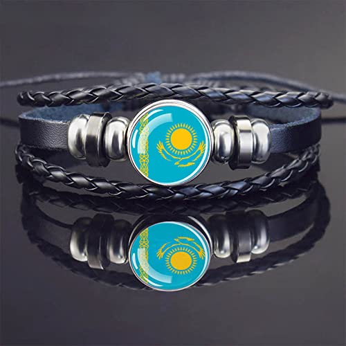 Kasachstan-Flaggen-Charm-Armband – Wappen Aus Glasedelstein Mehrschichtiges Pu-Leder-Armband Kasachstan-Flagge Glasknopf-Armbänder Schmuck Verstellbares Unisex-Armband Wie Abgebildet Verstellbar