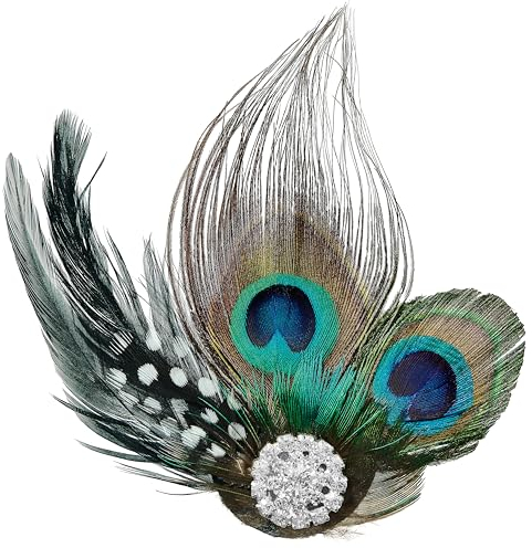 Balinco Pfauenfedern Haarschmuck mit Brosche, Pfau Kostüm, Gefieder Kopfschmuck, Feder Haarreif, 1920 Accessoires Damen, 20er Jahre Haarspange, Karneval, Fasching, Halloween