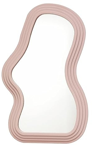 Mokoze Asymmetrischer Wandspiegel, kreative, einzigartige dekorative Spiegel, flippiger gewellter Spiegel, 40,5 x 26 cm, unregelmäßiger Rand, rosa Spiegel für Badezimmer, Wohnzimmer, Dekoration