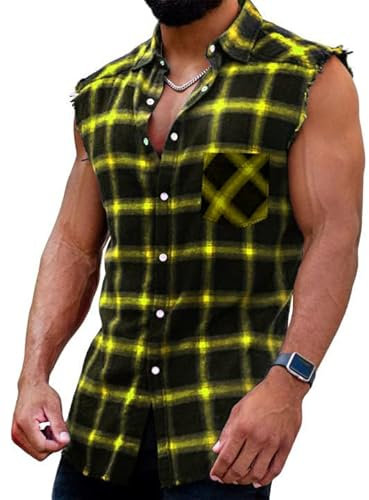 Chemise à carreaux pour homme - Sans manches - Manches longues - Coupe droite - En flanelle - En coton - Avec poches, A : jaune., L