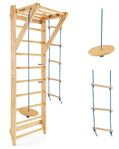 COSTWAY Sprossenwand Klettergerüst Indoor Kletterwand, Turnwand Klettergerüst Outdoor Turnwand Gym Sportgerät, Holz, Tragfähigkeit von 100 kg