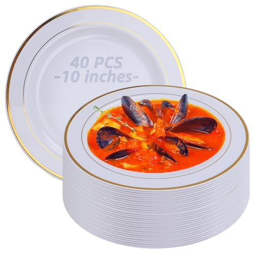 SHUESS 40 Pack Elegant White Plastic Dinner Plates with Gold Rim - 10 Inches Round Plastic Plates Reusable - Sturdy Party Plates for Weddings, Parties, Catering and Picnics (26 cm)