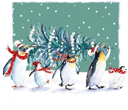 Weihnachtskarten mit Tiermotiven fir Wohltitigkeitsorganisationen und Neujahrskarten i Packung mit 6 Weihnachtskarten (Pinguine und Stammbaum)