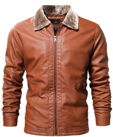 Hgvcfcv -*-War en' Leather Jacket olid Color Fur Collar Zipper Windproof Outwear Faux Leather Coat otorcycle Jacket