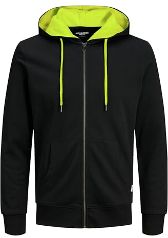 JACK & JONES Herren JJEBASIC Sweat Zip Hood, Black/Safety Yellow(NEON), XL