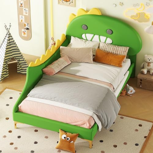 NNJN Cartoon Kinderbett, Cartoon Dinosaurier Form, Flachbett, PU Material (Grün, 90 * 200cm)(Ohne Matratze)