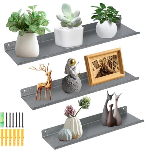 Uten Wandregal Metall, Schweberegale 3er Set, Länge 40/35/30 cm, Wand Regale für Dekos,Büche, Wohnzimmer, Küche, Badezimmer, Grau mit Silbernen Adern