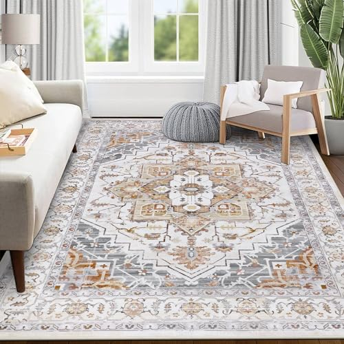 SHACOS Vintage Teppich Wohnzimmer 120x170 cm, Waschbar, rutschfest, Wohnzimmerteppich Kurzflor, Boho, Weich, Braun, Grau