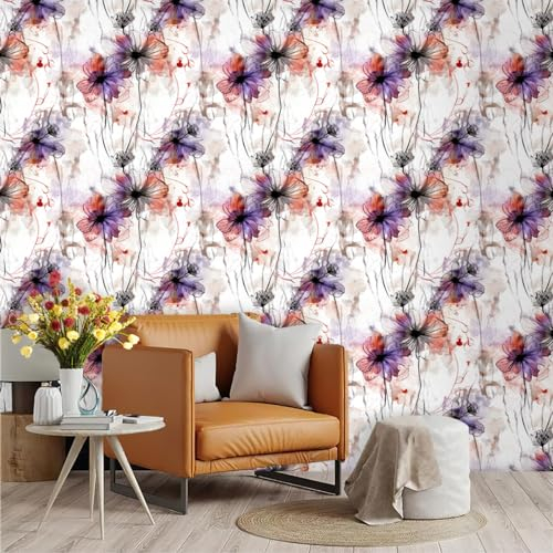 Selbstklebende Tapete Lila Schwarze Blüten Strukturtapete Wandtattoo Schlafzimmer Tapete Selbstklebend Vliestapete Wallpaper for Living Room Tapeten Langlebig Wandschutzfolie 45x600cm