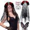 JWDMHSJ Halloween Tag der Toten Haarreif und Schleier, Tag der Toten Haarschmuck Halloween Haarreif Künstliche Blumen Rose Spitzenhandschuhe für Halloween Kostüm Damen (A)