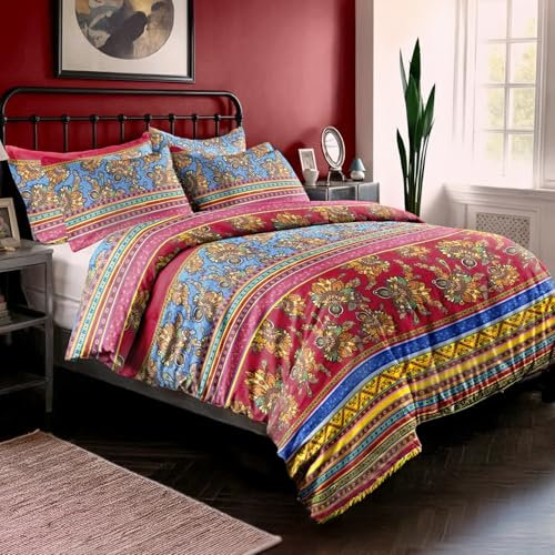 Dreamzie Böhmisch Bettwäsche 200x220 3 Teilig Rot Blau Bunt Indischen Boho Bohemian Bettbezüge mit Reißverschluss und 2 Kissenbezug 80x80 aus 100% Mikrofaser - Zertifiziert ohne Chemikalien (Oeko TEX)