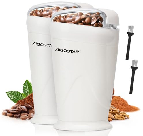 Aigostar Elektrische Kaffemühle und Gewürzmühle, Kaffeebohnenmühle Elektrisch für Getreide, Gewürze und Nüsse, 60g, 150W, Milchig Weiß 2 Pcs