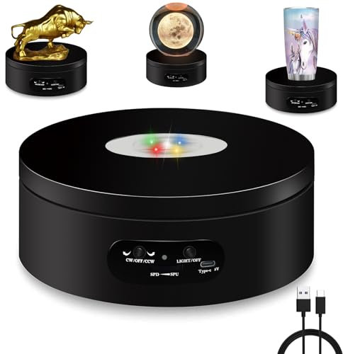YVVV LED Electric Turntable - 360° Quiet Turntable with 8 Colours, Adjustable Direction and Speed, 12 cm Black Base for Exhibition, Battery and USB Powered