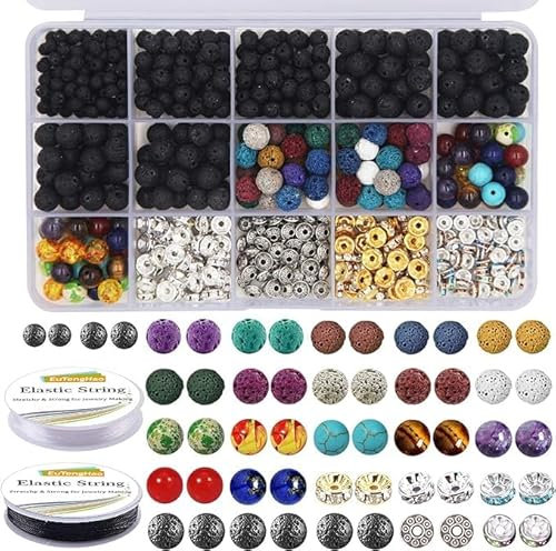 600-teiliges Lava-Perlen-Set, schwarze und bunte Chakra-Perlen (4mm-8mm), mit Metall-Spacer und elastischen Schnüren, DIY-Armband-Set für Schmuckherstellung, Meditations- und Achtsamkeitsprojekte