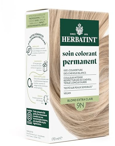 Herbatint Soin Colorant Permanent Cheveux 9N Blond Extra Clair - 170 ml | Sans Ammoniaque, 100% Couverture des Cheveux Blancs | Testé Dermatologiquement pour Peaux Sensibles, 8 Extraits Végétaux Bio