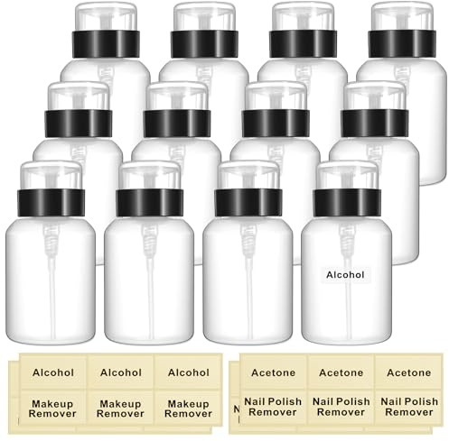 Layhit 12 Pack 6.8 oz Push Down Pump Dispenser Nail Polish Remover Pump Bottles Alcohol Dispenser Push Down Empty Dispenser Lockable Pump Dispenser Bottle with Stickers (Black Top Cap)
