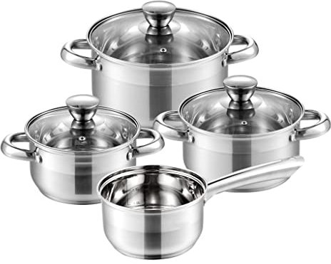 CAFIEDR Cookware Set Stainless Steel 7- Piece Kitchen Cooking Pot& Pan Set, Saucepan, Casserole, Steamer, Frypan with Glass lid