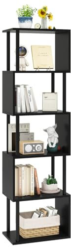 IBUYKE Bücherregal mit 6 Ebenen,S-förmiges Bücherregal,Raumteiler,Stufenregal mit Aufbewahrung,Modernes Bücherregale Dekoregal für Wohnzimmer, Schlafzimmer, Home Office, Schwarz WBC016B