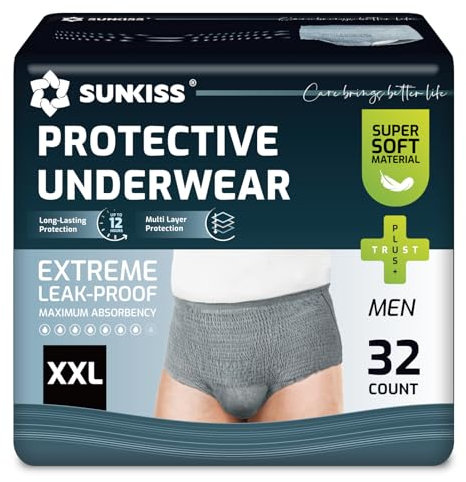 SUNKISS Sous-vêtements Incontinence Homme Slips Jetables Jour pour Adultes Culottes de Protection Masculines à Absorption Maxime Taille XXL Gris 32 Unités